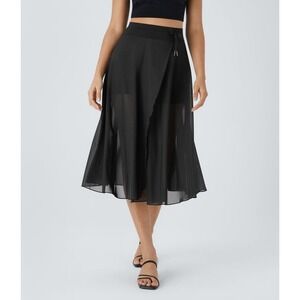 Halara Drawstring Contrast Mesh 2-in-1 Pocket Flowy Midi Skirt Size L Black